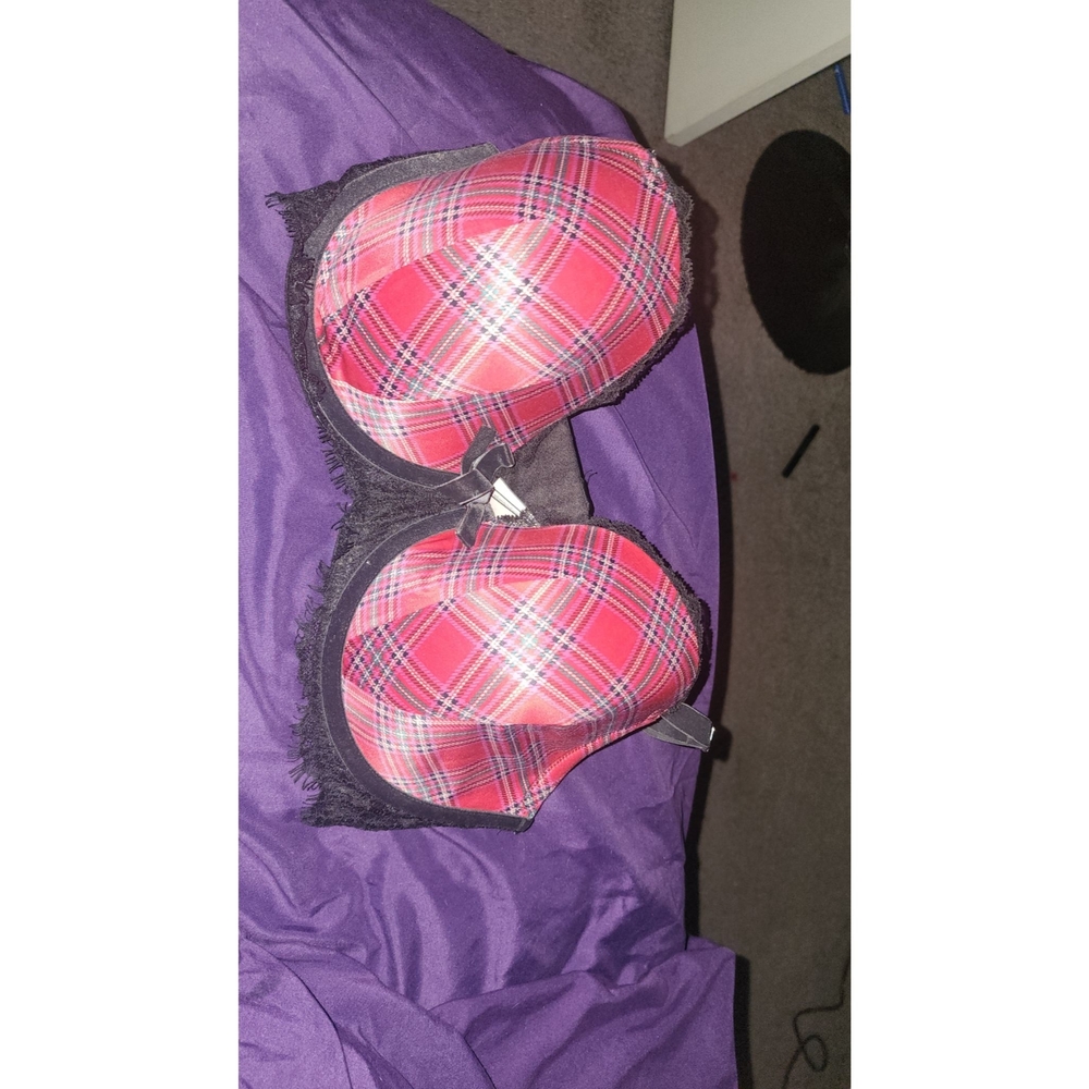 Plaid Push-Up Bra with Black Lace Trim - Pink Plaid